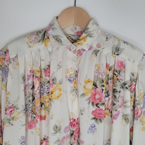 Vintage Floral Oversized Button Up Top Size S Pleated Longline Flowy Cottage - Picture 7 of 11